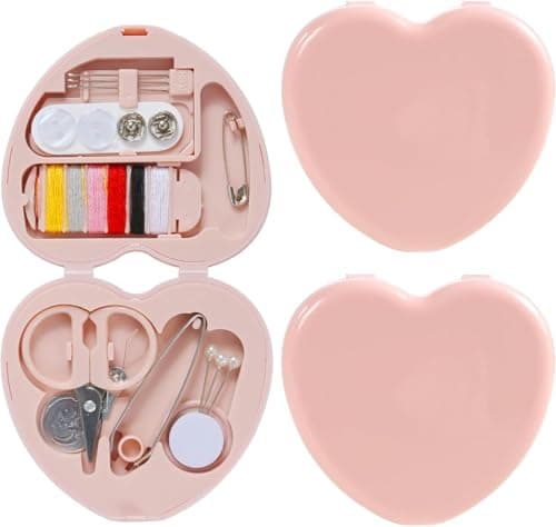 Heart Shaped Portable Travel Sewing Repair Kit - Mini Box with Threads, Scissors, DIY Hand Sewing Needles, Pink