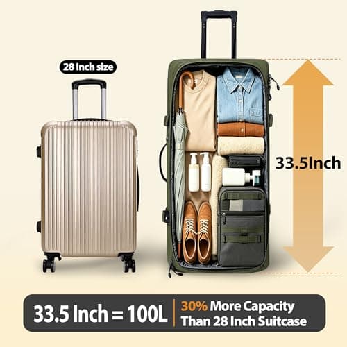 LARIPOP Rolling Duffle Bag with Wheels, 100L 33.5 Inch Waterproof Wheeled Travel Luggage with Shoe Compartment, Dark Green, 33.47 x 16.14 x 14.97 inches, Fashion — view 2