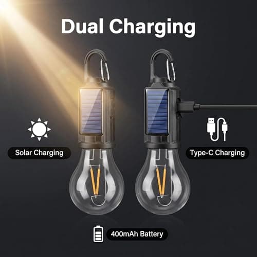 2 Pack Solar and LED Rechargeable Camping Lights with 3 Modes and Clip Hook — view 3