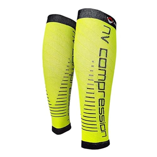 NV Compression Essential Race and Recover Calf Guards/Sleeves (PAIR) 20-30mmHg - For Sports Recovery, Shin Splints, Medical, Work, Flight - Running, Cycling, Gym (Fluo Yel/Black Stripes, S-M) — view 2