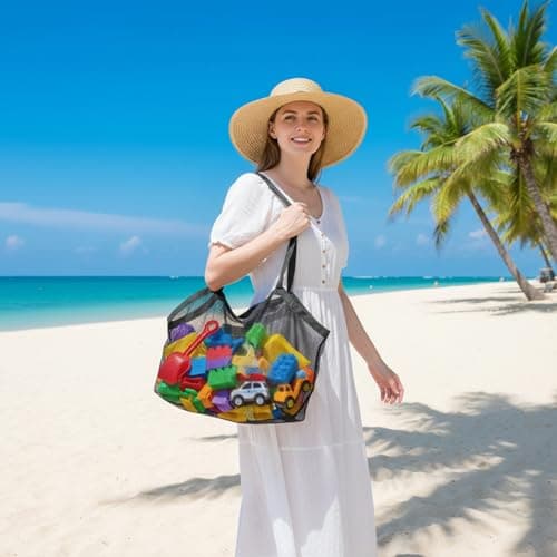 Yuomeaz Large Mesh Beach Bag, Black Mesh Tote Bag for Pool, Foldable Sandproof Beach Bags for Women, Travel, Summer, Party (15×9×14 in) — view 2