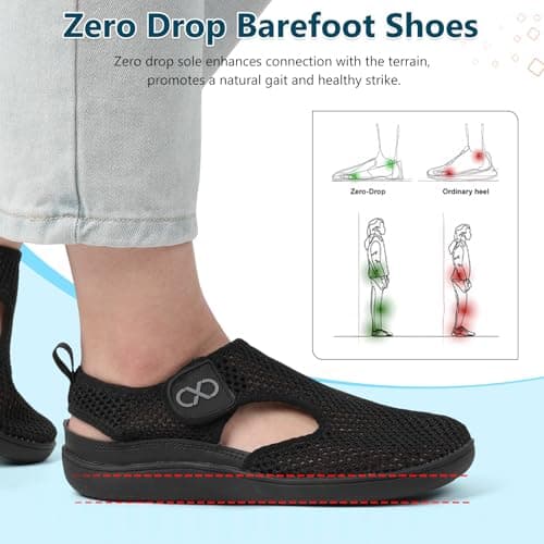 JOINFREE Womens Sandals Wide Fit Walking Trainers Mesh Breathable Zero Drop Barefoot Adjustable Summer Holiday Shoes Closed Toe for Beach Garden Travel Daily Wear Anti-Slip Black — view 6