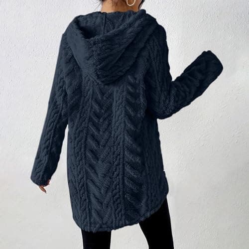 SYDUZAX Fleece Hoodie Women Double Fluffy Long Hoodies Sherpa Teddy Bear Hooded Sweatshirt Plain Winter Plush Warm Fuzzy Coats Pullover Thermal Tops Ladies Snuggle Hoodies Casual Outwear Navy — view 4