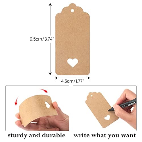 G2PLUS Brown Gift Tags with Heart: 50PCS Blank Paper Tags with String, 4.5cm x 9.5cm Large Gift Labels for Wedding Favors, Presents, 300g/m² — view 2