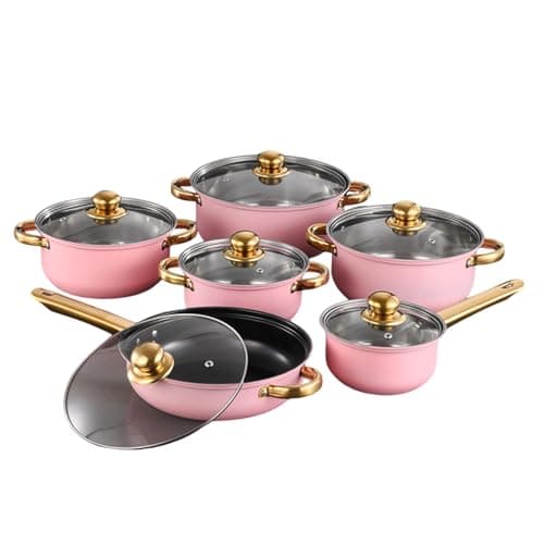 Amagogo 6x Stainless Steel Cookware Set Nonstick Pots and Pans Set with Glass Lids for Induction, Pink