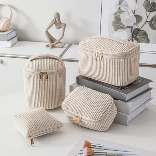 Aucuu Corduroy Cosmetic Bag, 4 Pcs Makeup Bag, Large, Medium and Small Cosmetic Bag, Striped Corduroy Portable Bag with Metal Zipper, Travel Cosmetic Bags Organizer for Women, Travel, School, Gift — view 3