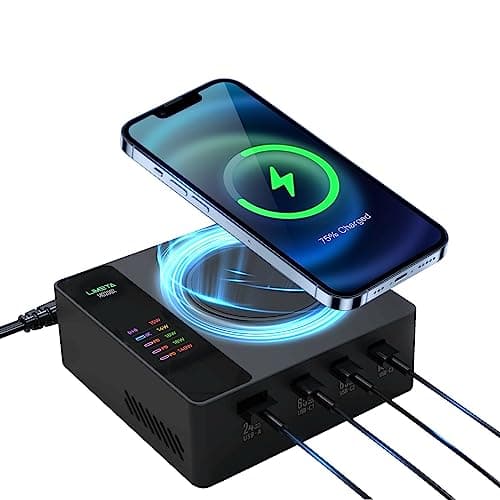 LIMETA MD200X 200W 5-in-1 Fast Charging Station with Display and Wireless Charger, Desktop Charger Hub Multi Port USB Plug UK Compatible with Laptop MacBook Pro 16, Dell XPS, iPhone 16 Pro, Galaxy S24