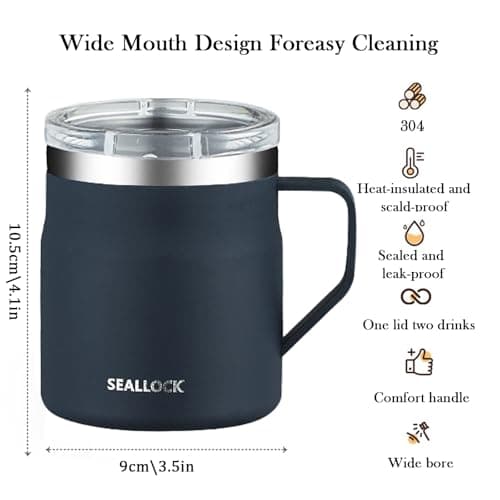 YueXing 450ml Stainless Steel Coffee Mug with Lid and Handle – Wide-Mouth Easy-Clean Desk Mug for Home or Office (Blue) — view 2