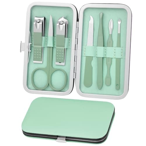 ALIIP Manicure Set 7-Piece Professional Nail Clipper Set with Leather Case, Portable Travel Nail Care Kit for Women, Stainless Steel Nail Grooming Kit for Home & Gifts,Green