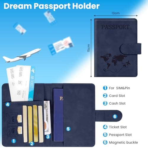 AOOTE Passport Holder Cover Wallet Case, PU Leather RFID Blocking Passport Cover Case with Card Slots, Passport Holder for Passports Ticket Boarding Passes Credit Cards Business Cards, Dark Blue — view 2