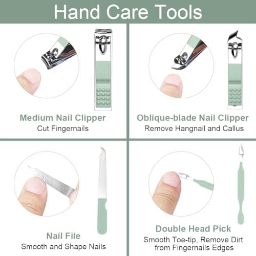 URAQT Professional Manicure Set, 7 pcs Portable Nail Clippers & Eyebrow Grooming Kit, Stainless Steel Nail Care Tools with Luxurious Leather Case for Travel & Home（Green） — view 5