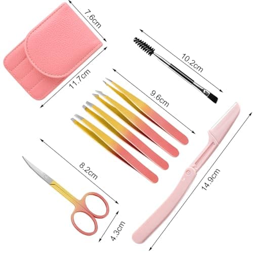 Professional Eyebrow Tweezers (7 Pcs) Precision Tweezers Set with Scissors Razor with Leather Case for Women Men Face Eyebrow Pink — view 2