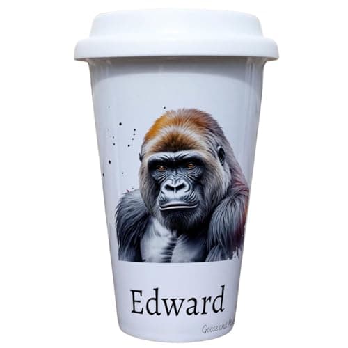 Personalised Gorilla Travel Mug, Gift for Safari Lover, Thank you present for Zoo Animal Lover, Hot Drinks Flask, Insulated Coffee Cup