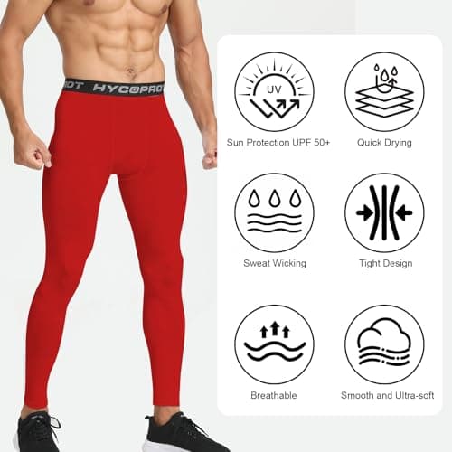 HYCOPROT Men's Running Leggings Compression Trousers Athletic Tight Base Layer Pants for Workout Sports Yoga Basketball (Red, L) — view 5