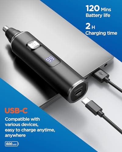 Nose Hair Trimmer for Men,3 in 1 USB Nose Trimmer with LED Display,Painless Dual Edge Blades Nasal Hair Trimmers for Men,Eyebrow Razor Scissors,Ear Facial Hair Remover,IPX7 Waterproof,Easy Cleansing — view 5