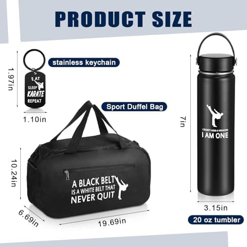 Layhit 3 Pcs Karate Gifts for Boys Taekwondo Karate Bag Martial Arts Duffel Bag 24 oz Stainless Steel Water Bottle Keychain for Kids Adults Taekwondo Lover Gifts(Black) — view 2