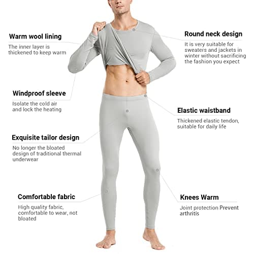 PISIQI Men's Thermal Underwear with Ultra Soft Fleece Lining, Base Layer for Skiing in Warm Winter, Top and Bottom, Gray, M — view 2