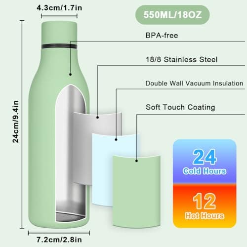 flintronic 550ml Water Bottles with Strap,Double Wall Vacuum Insulated Water Bottles Keeps Drinks Cold 24 Hrs/Hot 12 Hrs|Leak Proof|BPA Free,Stainless Steel Water Bottles for Gym,Hiking-Matcha Green — view 2