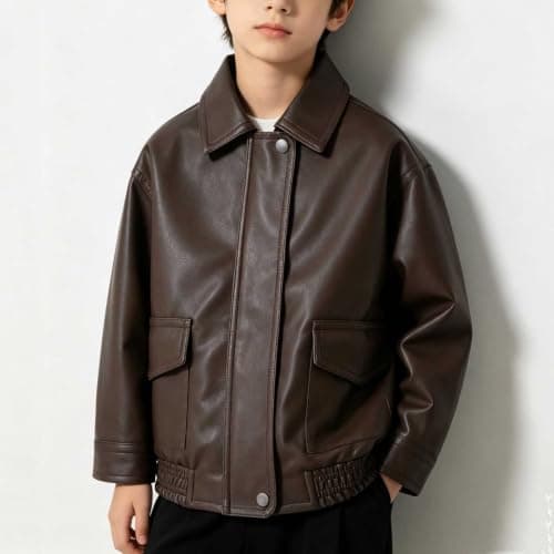 TTHVYE Kids Outdoor Casual Jacket Boys Girls Faux Leather Long Sleeve Zippered Lapel Vintage Biker Style Warm Top for Children Age 1-13 Years Windproof Athletic Daily Travel School Walking​ — view 3