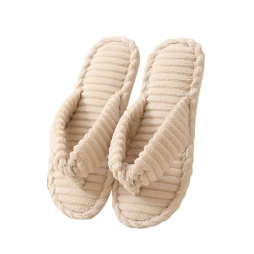 Women’s Ribbed Towelling Thong Slippers, Comfort Memory Foam Non-Slip Soft Open Toe Summer Indoor Slides, Breathable Bedroom Slip On Sandals for Ladies, Lightweight Travel Hospital (Beige, 6)