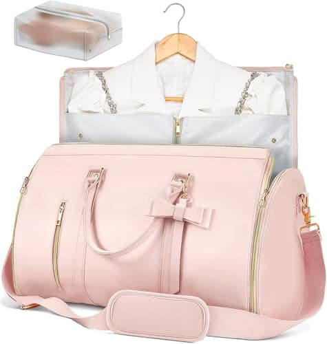 Pink Garment Bag for Travel Women, Carry-On 20-Inch Cute PU Leather Suit Bag, Wrinkle-Free Wedding Dress Bag with Shoe Bag, Overhead Bin Size for Honeymoon (Pink)