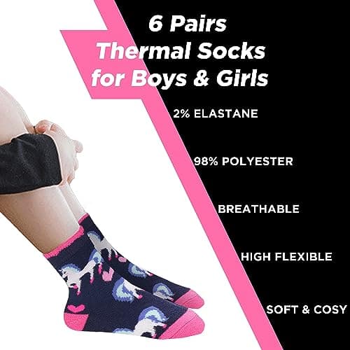Heatwave Pack Of 6 Kids Thermal Socks Boys Girls Winter Boot Warm Sock Walking Thick Heavy Boot Cosy Hiking Gift, Unicorn 9/12 (4-7 Years) — view 2