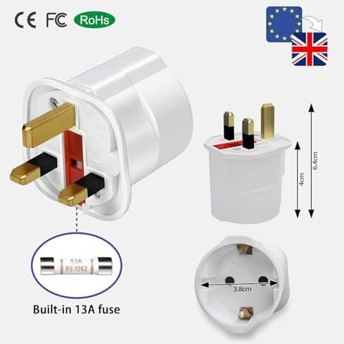 1 Pack European to UK Plug Adaptor, EU to UK Plug Adapter with 13A Fuse, European to uk plug Adapter 2 Pin Plug Adaptor to 3 Pin for Travel, Electronics & Devices (Not for Shavers or Toothbrushes) — view 5
