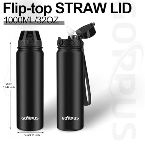 GOPPUS 1L/32oz Stainless Water Bottle with Straw Double Wall Insulated Bottles with Strap Reusable Vacuum Thermal Flask Leakproof Keep Cold Drinks Bottles with Flip Top Lid BPA Free (Black) — view 4