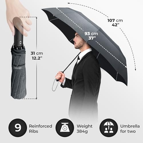 Umbrella Windproof Compact - Strong Storm Proof Frame + Auto Open Close | Women Mens Lightweight Small Travel Folding Golf Brolly + Double Canopy, Ergonomic Handle | Water Resistant Teflon Grey — view 5