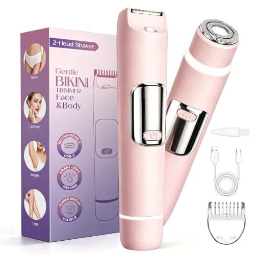 Bikini Trimmer Women 2-in-1 Facial Hair Remover for Women, USB-C Electric Lady Shaver with Digital Display, Dual Head Women Shaver with Smart Light for Pubic, Bikini, Underarm, Travel Lock, Nude Pink
