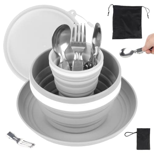 Camping Cutlery Set for 1, Folding Camping Plates and Bowls Set, 7 Pcs Camping Mess Kit Include Knife, Spoon, Fork, Cup, Bowl & Plate, Camping Utensils, Crockery Sets for Travel Outdoor Hiking Picnic