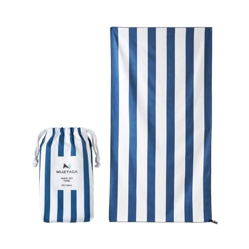 Muztaga Microfibre Beach Towel - Sand Free, Quick Dry, Large 160 x 90 cm Striped Pool Towels for Adults & Kids, Lightweight Compact Travel Towel with Bag for Holiday & Gym (Navy Blue)