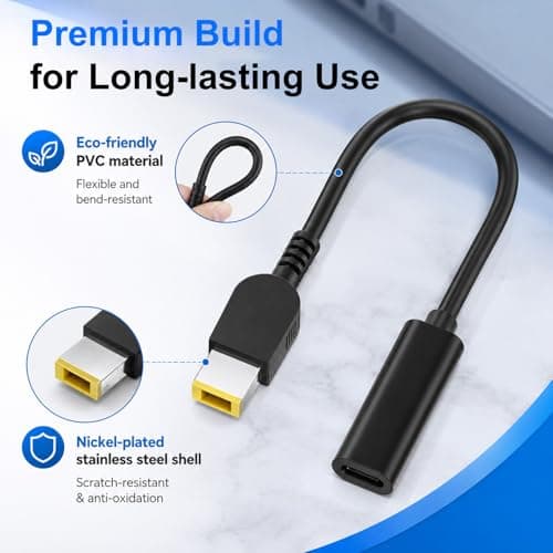 USB C to Lenovo Slim Tip Laptop Charger Adapter Cable, 65W PD Type C Female to Yellow Rectangle Male Connector Converter for ThinkPad IdeaPad Yoga, Laptop Power Charging Replacement Cord — view 3