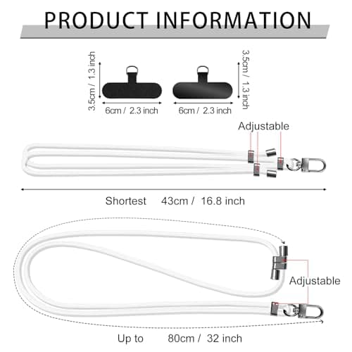 GanYesin Universal Phone Lanyard with 4 Patches, Adjustable Nylon Phone Strap for Men & Women Compatible with Most Phones, Key Lanyard and more for Outdoor Activities, Travel (White) — view 2