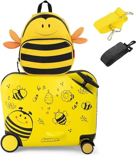 2PC Kids Luggage Set, 4 in 1 Toddler 17L Ride-on & Carry-on Hardshell Suitcase with Wheels, Anti-Lose Rope, 4L Backpack Set, Lightweight Travel Rolling Trolley for Boys Girls (Yellow Bee)