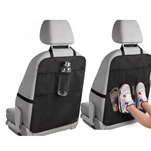 Plumaire 2 Pcs Car Seat Back Protector Set, 60 x 45 cm Rear Seat Protector with Support Cushion, 3 Storage Mesh Pockets and Adjustable Straps, Waterproof and Stain-Resistant (Black)