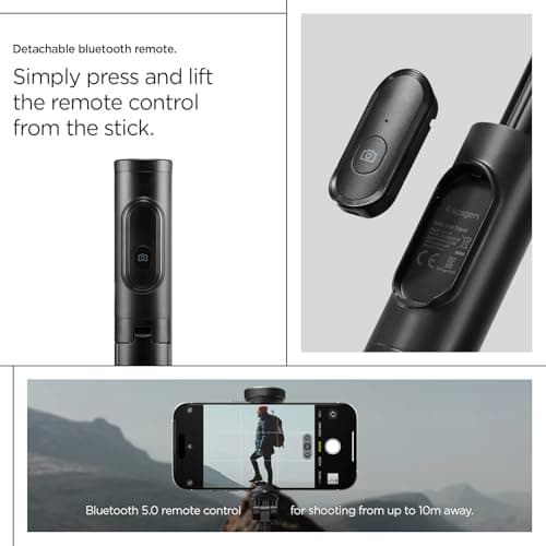 Spigen Wondersnap Automatic Selfie Stick Tripod, [Auto-Open] Phone Tripod Stand for iPhone & Android 360° Double Axes Rotatable Travel - Black — view 6