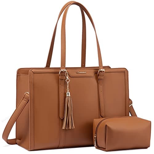 LOVEVOOK Laptop Tote Handbags for Women 15.6 inch Work Bags for Women Leather Ladies College Teacher Bag Large Shoulder Cross Body Bag Waterproof for Office Business School Shopping Travel Brown