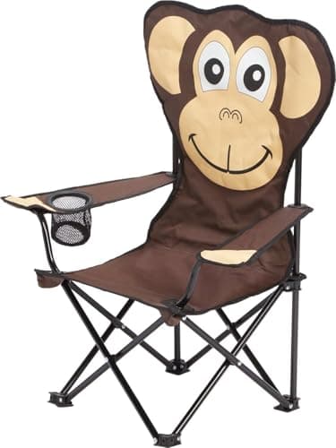 LIZZIE JACOBS Kids Folding Camping Chair with Armrest and Cup Holder Cute Animal Frog & Monkey Design Foldable Chair for Beach, Fishing, & Backyard 110lbs Capacity for Boys & Girls (Monkey Brown)