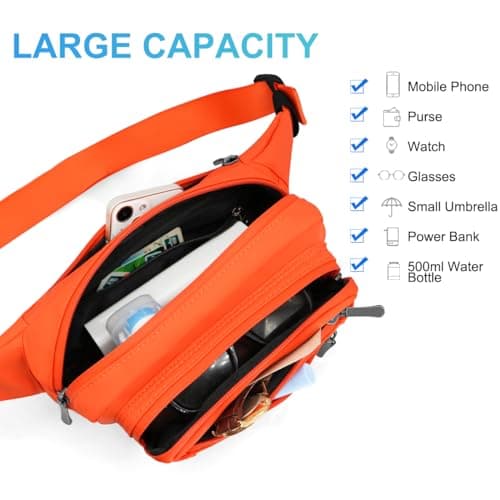 REETEE Waterproof bumbags for Ladies Men Fashion Bum Bag with Adjustable Belt and 5 Zipper Pockets Large Capacity Fanny Pack Waist Bag for Outdoors, Sport, Hiking, Travel (A-Orange) — view 3