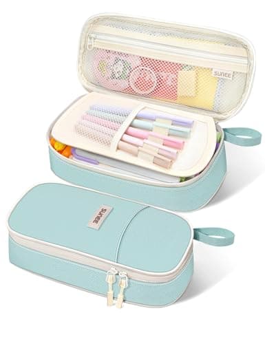 SUNEE Large Capacity Pencil Case with Compartments and Handle, Aesthetic Pen Pouch Organizer, Big Storage Portable Pencil Bag for Girls, Boys, Adults, School and Office Stationery Supplies, Mint Green