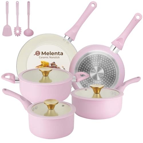 M MELENTA Pots and Pans Set Non Stick, 11-Piece Pink Induction Hob Pan Set