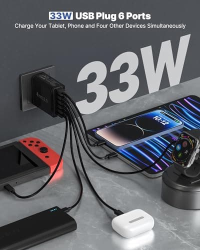 33W USB Plug Fast Charge, 6-Port Multi Charger Plug UK Charging Plug Power Adapter Multiple Quick Charge 3.0 Wall Plug for iPhone 16 15 14 13 12 11 Pro Max XR XS 8 Plus, iPad, Samsung, Handy — view 2