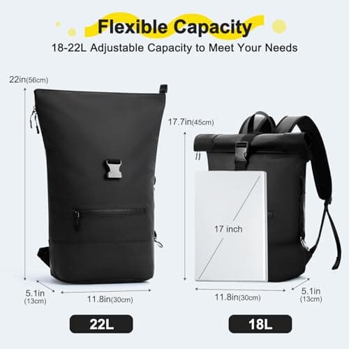 Reiseresa Laptop Backpack Waterproof Roll Top Backpack for Men and Women, 17 Inch Laptop Bagpack for School, Travel, Work and Business (XL, Black) — view 2