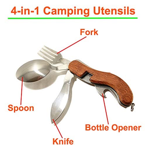 4-in-1 Camping Tableware Utensils, Portable & Detachable Stainless Steel Spoon Fork Knife & Bottle Opener Combo Set - Travel, Backpacking Cutlery Multitool — view 2