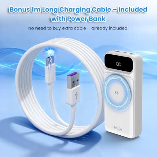 Bridje Magnetic Power Bank 20000mAh Wireless & Wired Portable Charger with 3 Built-In Cables, LCD Display, 22.5W Fast Charging for iPhone, Android Phones, Tablets & USB-C Devices – White — view 6