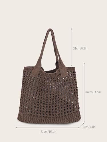ENBEI Womens Large Beach Tote Bags Shoulder Handbags knit bag Tote bag aesthetic for Beach Crocheted tote cute Tote bags, Coffee, L — view 6