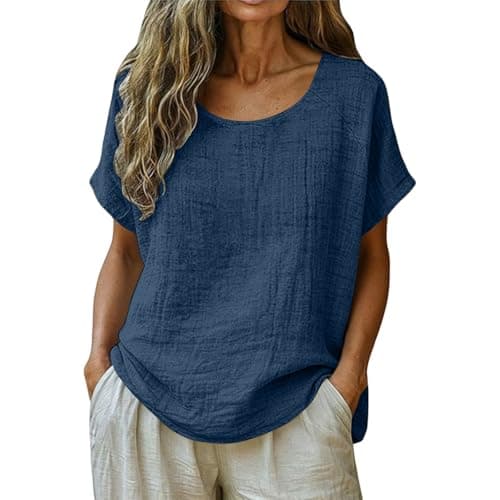 Women's Linen Blouse Summer Muslin Short Sleeve Shirt Crew Neck Basic Tops Elegant Cotton Linen Tops Plain Summer Vacation Beach Travel Blouse Light and Airy Sport Yoga Blouses & Tunics for Women