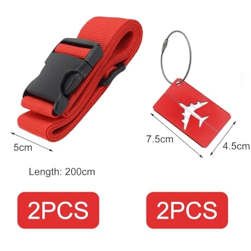 Luggage Strap (2 Pack), with 2 Luggage Tags, Custom Identification, Travel Bag Closure, For Connecting Luggage Together, Red — view 2