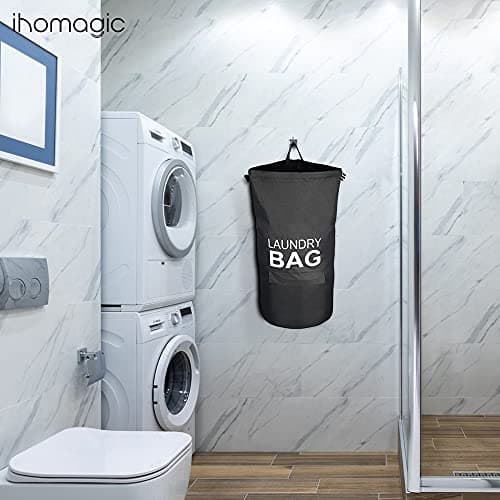 IHOMAGIC Collapsible Fabric Laundry Hamper, Portable Laundry Bag Backpack with Adjustable Shoulder Straps and Pocket, Hanging Dirty Clothes Bag for College, Travel, Laundromat, Apartment 71L (Black) — view 6